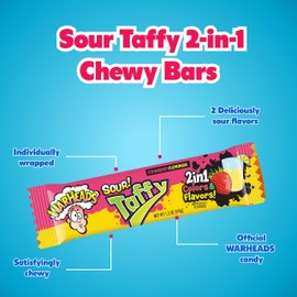 WARHEADS Sour Taffy 2-in-1 Chewy Bars - Candy Variety Pack - Assorted Flavors, Individually Wrapped Chewy Bars - Bulk Taffy - Gluten Free Candy - Box of 24