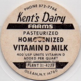 Milk Bottle Cap - Kent's Dairy Farms - Olean, New York - PHONE 372-7766