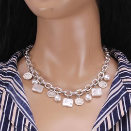 Gold Charm Necklace for Women Boho Surfer Beach Necklace Chunky Pearl Cross Charm Choker Necklace Beach Necklace Jewelry for Women (Silver Pearl Disc)