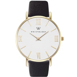 Wristology Roman Numerals Boyfriend Watch Gold with Interchangeable Black Leather Watch Band - Large Easy Read Analog Face for Women, Men, Unisex Stella Collection