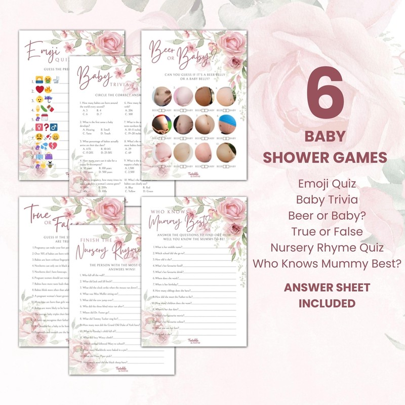Twinkle & Twine Pink Floral Girl Baby Shower Games Bundle