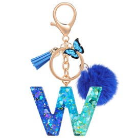 MWOOT Name Initial W Keyring, Alphabet Letter W Keychain with Tassel Pom Pom, Bag Charm Ornament for Women Car Key Purse Backpack Bag Decorations, Blue Resin Key Holder Pendant