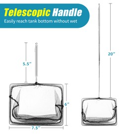 AQUANEAT Aquarium Net with Extendable Long Handle, Adjustable Wastes Skimming Cleaning Tools for Fish Tanks, 8 inch