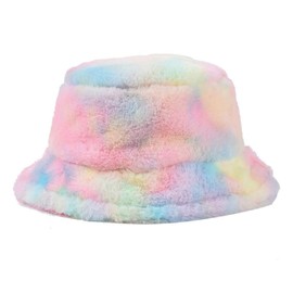 Women's Tie Dye Rainbow Faux Fur Bucket Hat Fluffy Winter Warmer Fisherman Cap
