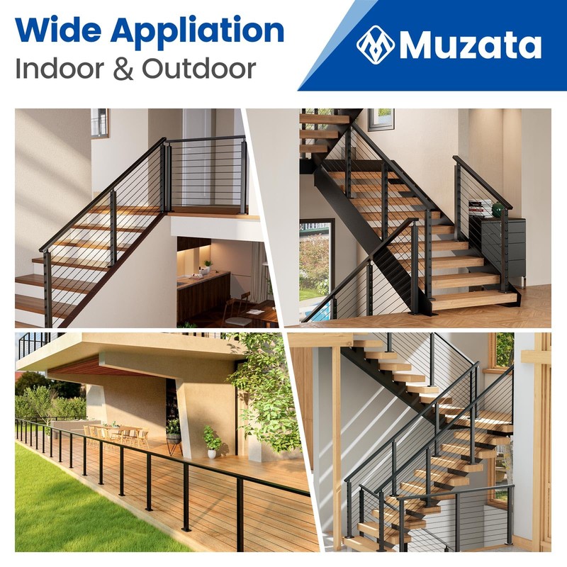 Muzata 6'6" Black Cable Railing Handrail Rectangular Stainless Steel Handrail