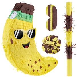 AmazingSpark 4 Pcs Banana Piñata Fruit Summer Luau Party Game Supplies 17. 5inch Banana Piñatas Birthday Decorations with Blindfold Bat and Confetti for Hawaiian Tropical Fiestas Carnival Party Game