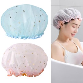 Set of 2, Shower Cap, Bath Cap, Hair Cap, Elastic Hair Cap, 2 Layers, Waterproof, Reusable, Cute, Star-shaped Pattern, Flexible, Beautiful Hair Vanity Hat, Spa, Facial Cleansing Cap, Bath Supplies