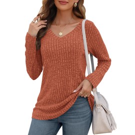 AUSELILY Long Sleeve Shirts for Women Lightweight V Neck Sweaters Casual Loose Tunic Tops,Caramel,L