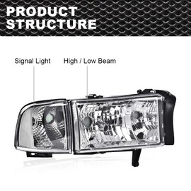 ANDPLAY Front Headlights Assembly Left & Right Compatible with Dodge Ram 1500 1994-2001Fit Dodge Ram 2500 3500 1994-2002 Bumper Headlamp Clear lens Chrome Housing Clear Reflector 55076749AO