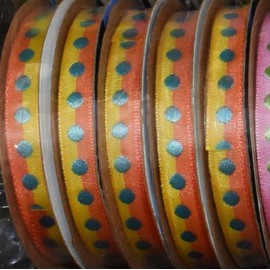 1 Pcs 3/8"W Woven Polka Dot Ribbon Spool Orange Yellow Teal Blue Color 4 Yards, Ribbon for Gift Wrapping | #AA120RK