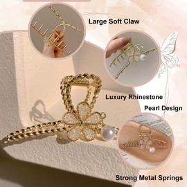 Metal Gold Hair Accessories with Crystals and Pearl Pendant for Women - Five-petal Claw Clips for Strong Hold on Thick or Thin Hair (1Pcs)