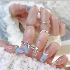 XUZOO Nail Tip, 3D Nail, Short, Long, Cute, Floral Pattern, Fashionable, Popular, False Nails, Nail Tip, Nail Tip, Simple Nail Sticker, Nail Tool, Double Sided Tape, 24 Pieces (3D Shape, Star and