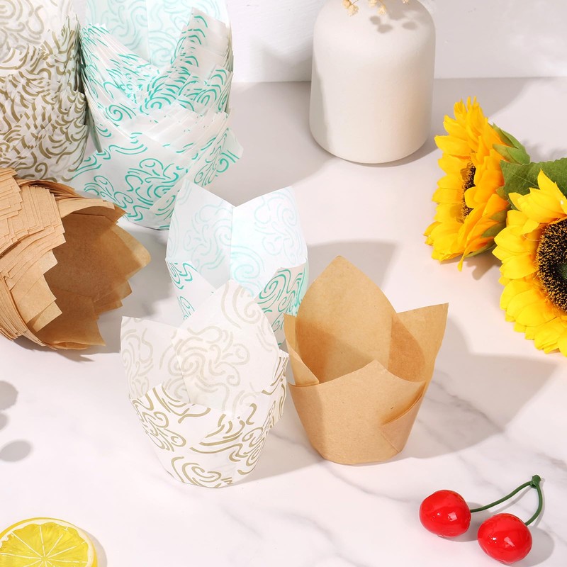 KNFFSAAJL Paper Muffin Liners 300PCS, Tulip Cupcake Liners, Greaseproof, Disposable,