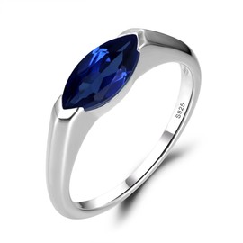 LUO 925 Sterling Silver Marquise Cut 1.34 Carat Created Sapphire Ring East West Simple Promise Ring September Birthstone Ring for Women US Size 9