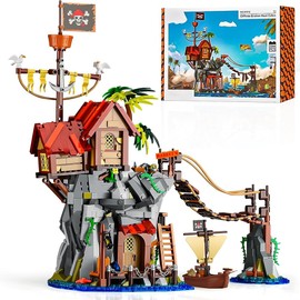Viking Medieval Pirate's Cliffside Broken Mast Cabin Wharf Building Set House Building Block Toy, Medieval Pirate Ship Architecture Bricks Kit,Gift for Women or Adult 1045pcs