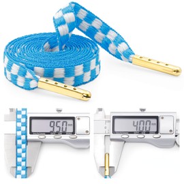 YJRVFINE Flat Checker Shoe Laces: 2 Pairs 45 Inch Light Blue White Checkered Shoelaces with Metal Tip for Sneakers