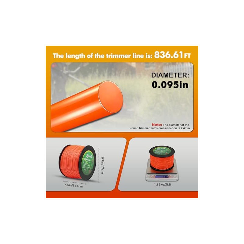 Premium Heavy Duty Weed Eater String - 837ft Orange Trimmer