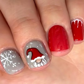 Christmas Press on Nails Short Square Fake Nails with Snowflake Designs Xmas Gnome False Nails Red Grey Full Cover Stick on Nails Acrylic Winter Artificial Nails for Women Glue on Nails 24 Pcs
