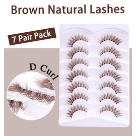 Brown Eyelashes, 7 Pairs Dark Brown Lash Strips, Natural Look D Curl & Lightweight Cat Eye Wispy False Eyelashes with Clear Band for Daily Wear, Women, Makeup Beginners