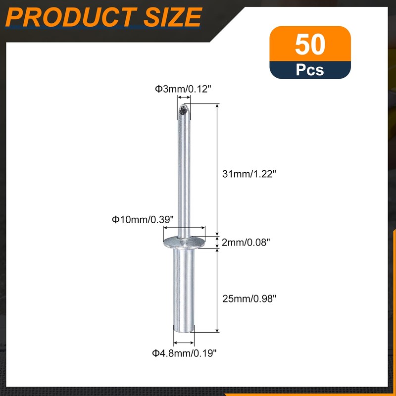 sourcing map 50Pcs 3/16"x1" Round Head Closed End Blind Rivets,