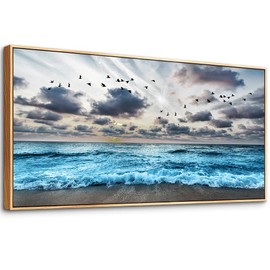 MHARTK66 Black And White Beach Canvas Wall Art - Framed, Blue Sea Wave Pictures, Modern Home Decor For Living Room, Bedroom, Office