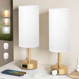Fenmzee Gold Bedside Table Lamps Set of 2-3 Color Temperatures Pull Chain Lamp with AC Outlet Charging Port, Two Round Night Stand Lamps for Bedroom Office Living Room