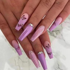 Press on Nails Long Ballet Shaped 3D Rhinestones Butterfly False Nails with Design Purple French Artificial Acrylic Nails Full Cover Glossy Reusable Coffin Fake Nails Glue on Nails for Women 24Pcs