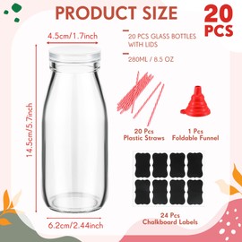 Tioncy Glass Bottles Set, 20 Pack 8.5oz Milk Bottles with Lids, Straws, Funnel & Labels for Juice, Coffee, Party Decoration
