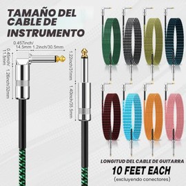 Rigibright Paquete de 8 cables para instrumentos de 10 pies – guitarra, bajo, teclado, micrófono y cable amplificador mezclador (8, multicolor, 10 pie