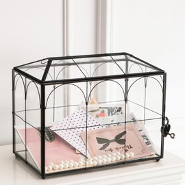 Giadun Wedding Card Box with Slot, 10.2'' Large Glass Card Boxes for Reception, Black Geometric Holder, Clear Decorative Storage Box with Lock for Baby Shower, Birthday Party, Christmas, Bridal Shower