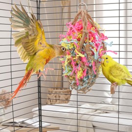 Wontee Bird Jute Paper Strips Parrot Mesh Bag Hanging Chewing Toy for Parakeet Cockatiel Conure Cockatoo African Grey Macaw