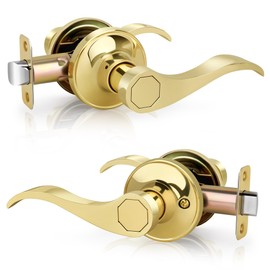Gaurqiah Wave Style Passage Door Handle Without Keys, Non-Locking Door Lever for Hallway/Closet in Polished Brass Finish, No Lock Reversible Lever for Left/Right Doors