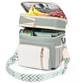 LOKASS Lunch Box & Lunch Bag for Women Men Double Deck,Large Insulated Adult Lunch Box Leakproof Lunchbox Cooler Bag for Work Picnic Beach,（Olive Green16L）