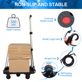 Folding Hand Truck, 330 Lbs Foldable Hand Truck Push and Pull Dolly Cart Heavy Duty Collapsible Trolley Portable Platform Luggage Cart with 5 Wheels for Moving, Shopping, Travel, Home, Office Use
