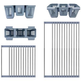 Expandable Roll Up Dish Drying Rack Over The Sink Dish Drying Rack with Basket Drainer for Kitchen Dishes Cups Fruits Vegetables Forks