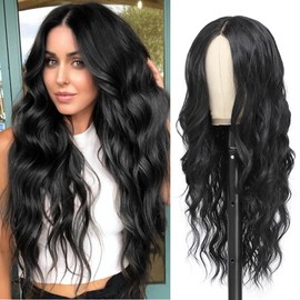 Ubeleco Black Wigs for Women Long Wavy Middle Part Lace Hair Hairline Replacement Wigs 26 Inch Synthetic Hair Heat Resistant Wig for Daily Party