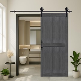 S&Z TOPHAND® 36in x 84in MDF Deep Gray Barn Door with 6.6FT Sliding Door Hardware Kit, 24-60in Solid Barn Door Slab Covered with Water-Proof PVC Surface, Simple Assembly is Required(Big Wheel)