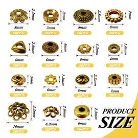 TOAOB 300 Pieces Tibetan Beads Gold Colour Spacer Beads Metal Beads for Threading Bead Caps Spacer Beads for Bracelets Jewellery Making Antique Craft Beads DIY Jewellery Accessories with Hole