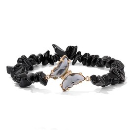 tenghong2021 Crystal Butterfly Bracelet for Women Amethyst Obsidian Beaded Bracelet Natural Stone Crystal Beaded Anxiety Relief Lucky Butterfly Charms Bracelets for Women Jewelry-Black