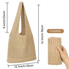 WantGor Crochet Bags, Beach Mesh Tote Bag Womens Shoulder Shopping Handbag Casual Travel Totes Bag Foldable Hobo Bags (Khaki)