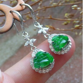 Certified Icy Green Sterling Silver 0.925 Natural A Jade jadeite Dangle Buddha God Earring Earrings 耳环 577728 GS
