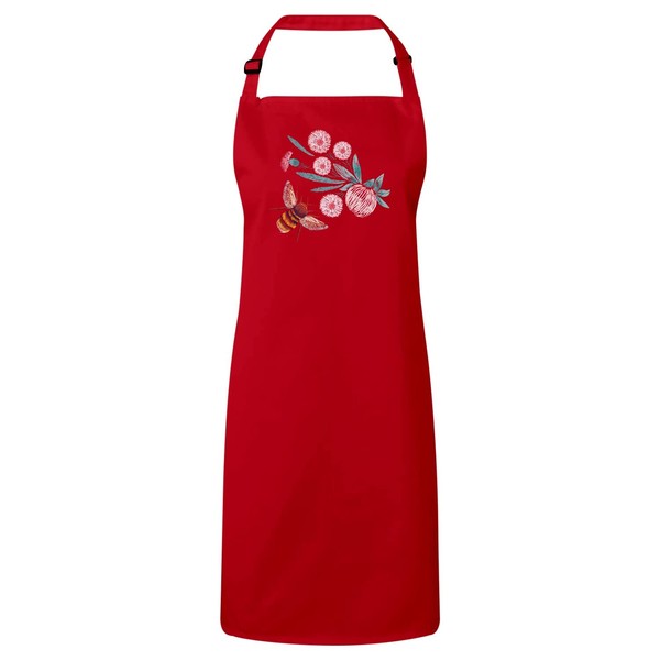 Fabulous Premium Kitchen Apron Red Drawing Bee and Flower Handmade