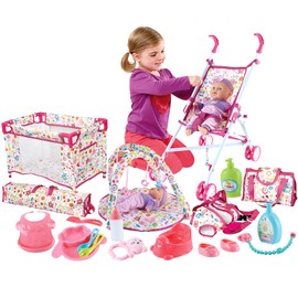deAO Kids Baby Doll Stroller Nursery Role Play Set with a Variety of Feeding Toy and Play Mat Travel Cot Baby Carrier Stroller and Travel Bag