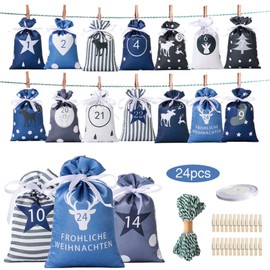 Christmas Advent Calendar Bags, 24 Days Countdown Jute Hanging Bags, Advent Calendar, Gift Gifts for Christmas Decorations (Blue)