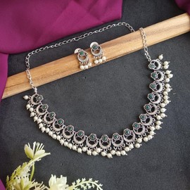 Efulgenz Indian Oxidized Jewelry Antique Boho Oxidized Indian Jewelry Necklace Sets Floral Choker Green Crystal Necklace Set Faux Pearl Drop Dangle Earrings Bohemian Statement Jewelry Set for Women,