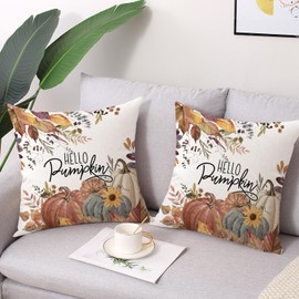 Coeufuedy Fall Throw Pillow Covers 18 x 18 Inch Set of 2 Pumpkins Leaves Flower Autumn Thanksgiving Harvest Decorative Cushion Case for Sofa Couch Bed