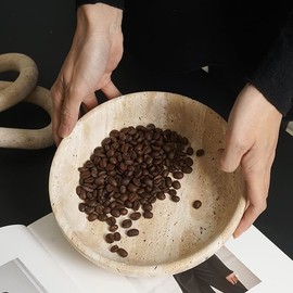 SAIDKOCC Large Marble Round Bowl HandCrafted Decorative Dish Fruit Bowl for Home Decorative (Beige Travertine)