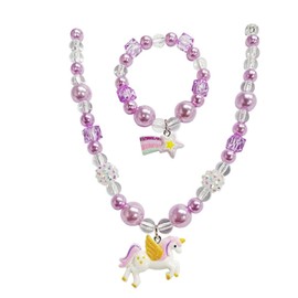 ankbrats Girls' Unicorn Necklace Bracelet Set for Girls, Unicorn Rainbow Angel Friendship Bracelet Children's Chain Girls, Pretty Jewellery Set for Princesses, Resin, Pearl