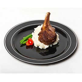 Glimmerware 9 Inch Buffet Plastic Plate in Black with Silver Band 120 CT