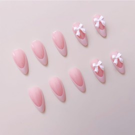 24Pcs Almond Press on Nails French Tips Medium Fake Nails White Bow Charms Designs Pointed Nail Tips Glue on Nails Glossy Full Cover Stick on Nails Almond Shaped Acrylic Nails for Women Manicure Salon